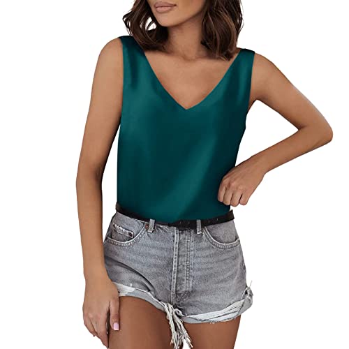 Unterhemden Spaghettiträger Damen Satin Tank Top Strap Spaghetti Tops Basic Lange Tanks Verstellbarer Spaghetti Camisole Sommer Weste Shirt Lässiges V-Ausschnitt Ärmellose Blusen (2-Green, XXL) von Generic