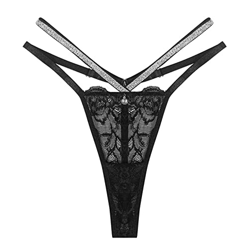 Unterhosen Damen Spitze Schwarz Doppeltes Dünner Gürtel Damen Unterhosen Niedrige Taille Stretch Mit Funkelnd Strass Nahtlose V-Waist Atmungsaktive Strings Spitze Damen von Generic