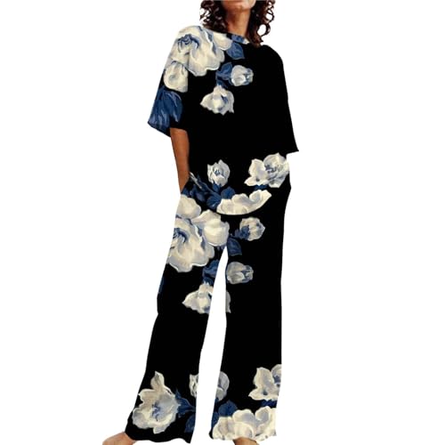Unterkleid Damen -Outfits für Damen, 2-teiliges Set aus Baumwollleinen, übergroße T-Shirts und gerade geschnittene Hose, Trainingsanzug in Übergröße Schlafanzug Baumwolle Damen Pyjama (Navy, XXL) Unterkleid Damen -Outfits für Damen, 2-teiliges Set aus Baumwollleinen, übergroße T-Shirts und gerade geschnittene Hose, Trainingsanzug in Übergröße Schlafanzug Baumwolle Damen Pyjama (Navy, XXL) von Generic