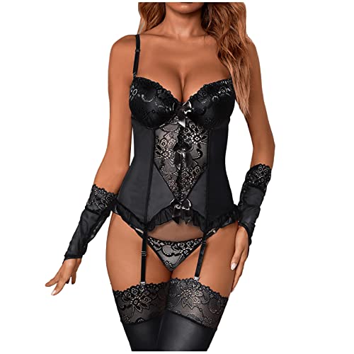 Unterwäsche Damen Dessous Sexy Set Lingerie Reizvolle Frauen Spitze V-Ausschnitt Body-Anzug Unterwäsche-Thong mit Strumpf-Unterwäsche Dessous Sexy Set Strapsen Dessous BH Und Slip von Generic