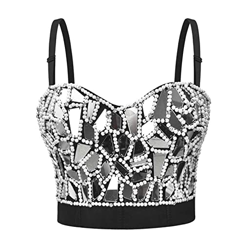 Unterwäsche Damen Reizvolle Büstenhalter Pailletten Perlen Verzierte Strappy Reizvolle BH Push Up Bustier Crop Top Club Party Korsett Clubwear Party BH Top(C Weiß,S) von Generic