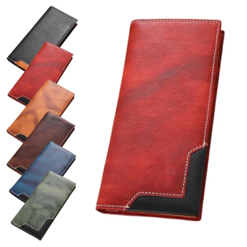 Upliftjoys Cowhide Vintage Wallet,Leather Bifold Long Card Wallets for Men,Large Capacity Patchwork Multi Compartment Wallet (Red) von Generic