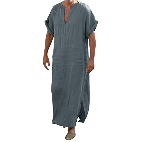 V-Ausschnitt Herren Kaftan Seite Split Kurzarm Robe Baumwolle mit Taschen, Lang Thobe Herren Tunika Robe Nachthemd Muslimische Kleider Ethnische Maxikleid Ramadan Roben Taiji Kleidung Dunkelgrau 3XL von Generic