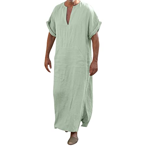 V-Ausschnitt Herren Kaftan Seite Split Kurzarm Robe Baumwolle mit Taschen, Lang Thobe Herren Tunika Robe Nachthemd Muslimische Kleider Ethnische Maxikleid Ramadan Roben Taiji Kleidung Grün L von Generic
