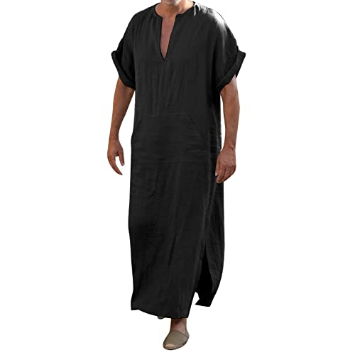 V-Ausschnitt Herren Kaftan Seite Split Kurzarm Robe Baumwolle mit Taschen, Lang Thobe Herren Tunika Robe Nachthemd Muslimische Kleider Ethnische Maxikleid Ramadan Roben Taiji Kleidung Schwarz 5XL von Generic