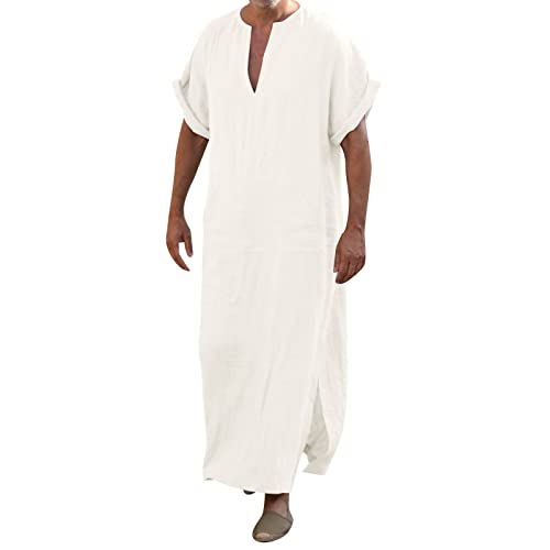 V-Ausschnitt Herren Kaftan Seite Split Kurzarm Robe Baumwolle mit Taschen, Lang Thobe Herren Tunika Robe Nachthemd Muslimische Kleider Ethnische Maxikleid Ramadan Roben Taiji Kleidung Weiß S von Generic