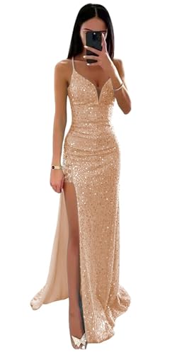 V-Ausschnitt Pailletten Abschlussball Kleider für Frauen Spaghettiträger Lange Meerjungfrau formelles Abendpartykleid mit Schlitz Rose Gold S von Generic