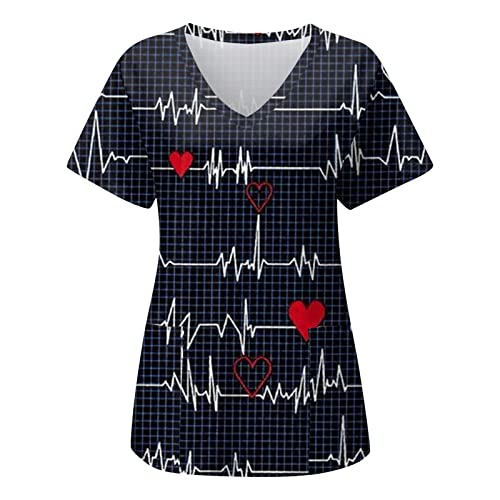 Valentinstag Kasacks Damen Pflege Herzen Drucken Uniformen Schlupfkasack Berufsbekleidung Schlupfhemd Uniform mit Herzen Motiv Bluse V-Ausschnitt Kurzarm T-Shirts Krankenpflegeuniform von Generic