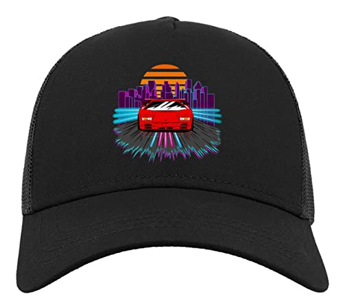 Vaporwave Race Car Sunset Neon Geometry Run Halbmaschige Trucker-Cap-Baseballmütze aus Baumwolle Schwarz von Generic