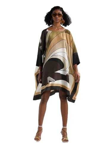 Varni Jewel Kaftan in voller Länge, bedruckt, weiche Seide, bescheidene Kleidung, für Damen, Strandkleid, Maxikleid, Kaftan, Geburtstag, Rundhalsausschnitt, normaler Kaftan (braun und schwarz), Grün , von Generic
