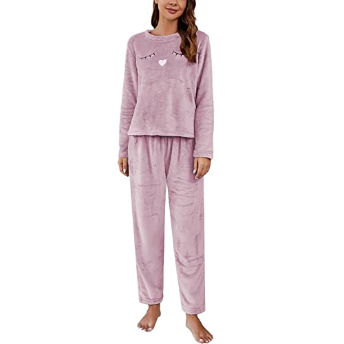 Verdickte Nachtwäsche Damen Homewear 2-teiliges Set Flanell-Fleece Winter Lange Pyjamas rosa Schlafanzug (B, M) von Generic