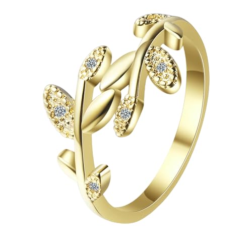 Vergoldeter Kupferring mit minimalistischem Zirkonia und offenem Blatt, verstellbar, zarter Damenschmuck von Generic
