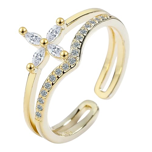 Vergoldeter Kupferring mit vierblättrigem Blumenmuster und Zirkonia, doppellagig, verstellbar von Generic