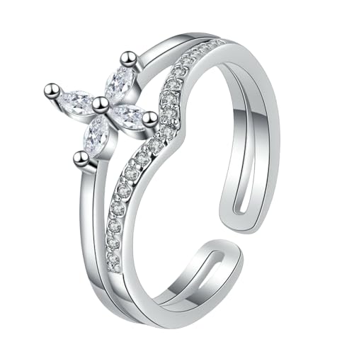 Vergoldeter Kupferring mit vierblättrigem Blumenmuster und Zirkonia, doppellagig, verstellbar von Generic