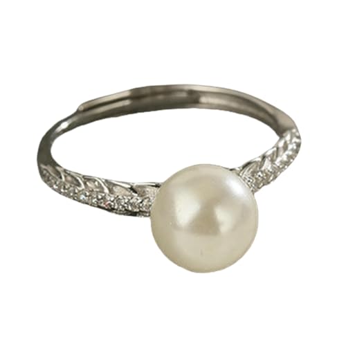 Vergoldeter verstellbarer Kupferring für Damen, elegante grau-weiße Syntheseperle mit Zirkon, minimalistischer Schmuck von Generic