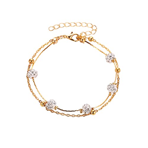 Verlobungs-Fußkettchen-Armband für Damen Boho Double Layer Diamond Ball Kristall Fußkettchen für Frauen Strass Perlen Anhänger Fußketten Strand Armband Fußkettchen (Gold, One Size) von Generic