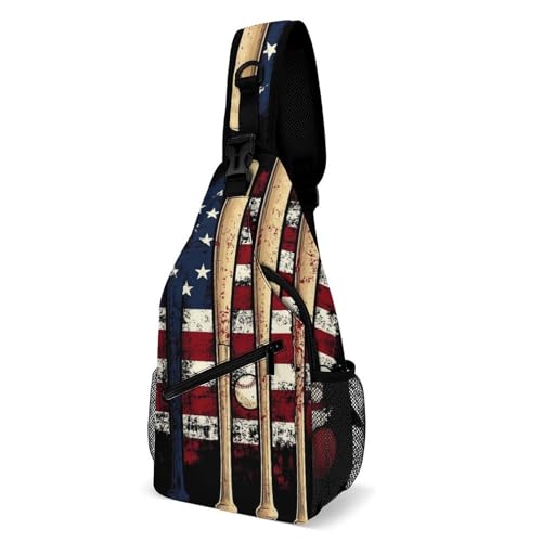 Verstellbarer Crossbody Bags Patriotischer USA Retro-Baseball-Druck mit amerikanischer Flagge Sling Rucksack Multipurpose,Anti-Diebstahl Casual Daypack für Herren Wandern Kletternoutdoor von Generic