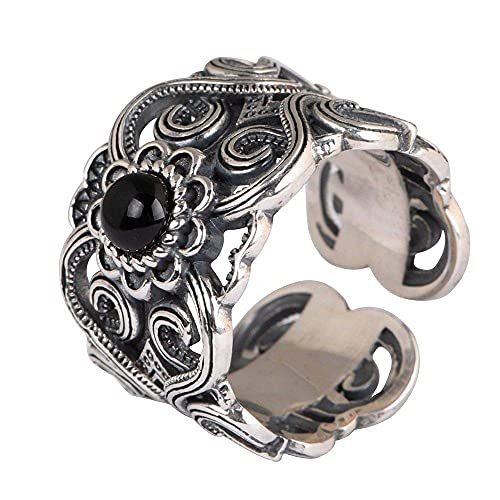 Verstellbarer Ring Damen, S925 Sterling Silber Retro Distressed Breite Hohle Blumen Eingelegter Achat Charm Verstellbarer offener Knöchel-Schwanzring Fingergelenk-Zehenring von Generic