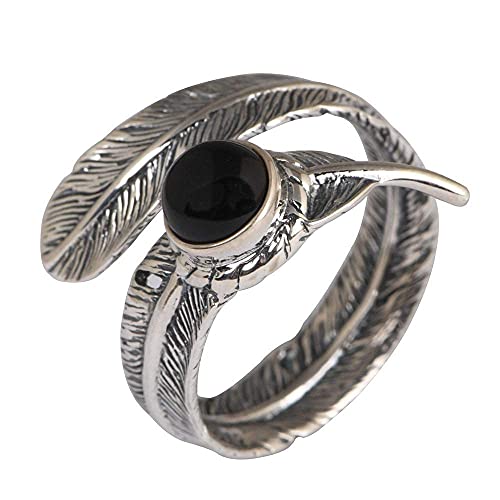 Verstellbarer Ring Damen, S925 Sterling Silber Vintage Feder eingelegter schwarzer runder Achat-Stein-Charm, verstellbarer offener Knöchel-Schwanzring, Fingergelenk-Zehenring, Schmuck, F. von Generic