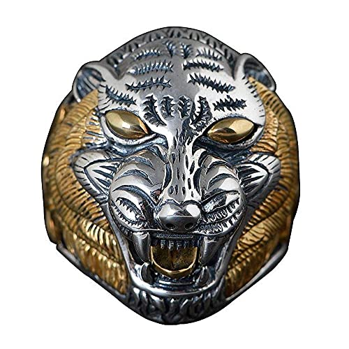 Verstellbarer Ring für Herren, S925 Sterling Silber Kreativität Goldener Tiger Tierkopf Goth Punk Punk Verstellbarer offener Ring Schmuck von Generic