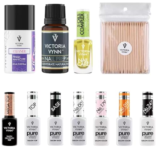 Victoria Vynn Pure Creamy Hybrid Set: Basis, Top, Gel Polish, Nail Prep, Cleaner, Manikürestäbchen, Handhautserum & Farben von Generic