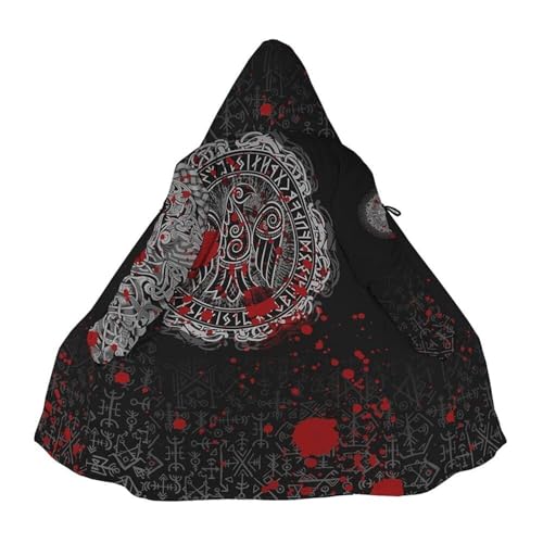 Viking Wintermantel für Herren mit Kapuze, Warmer Kunstkaschmir-Jackenmantel mit 3D-Druck, lässiger Parka mit verdickter Hornschnalle(Blood Raven,3XL) von Generic
