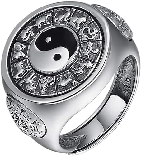 Vintage 925 Sterling Silber Yin Yang Chinesischer TAI CHI Bagua Ring mit 12 Sternzeichen für Männer Offen Verstellbar von Generic