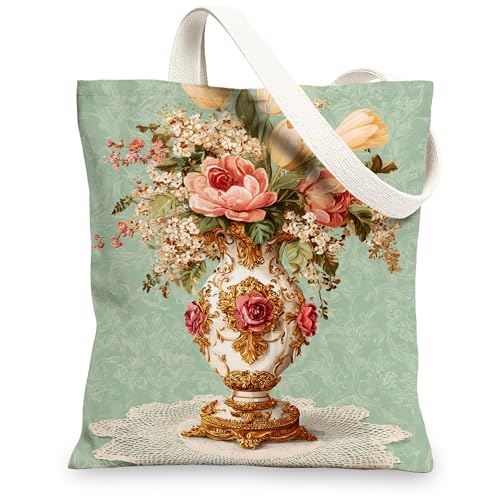 Vintage Canvas-Taschen mit elegantem Blumenmuster, wiederverwendbar, leicht und waschbar, mit Schultergurt, grün, 13x15 Inch von Generic