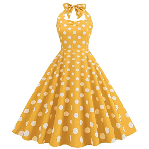 Vintage Cocktailkleid Damen Ärmellos, Neckholder Kleid 1950er Polka Dots,Rockabilly Swing Kleid A Linie Faltenrock Knielang Elegant Hochzeit Festlich Abendkleid Ballkleid Minikleid Trägerkleid Frauen von Generic
