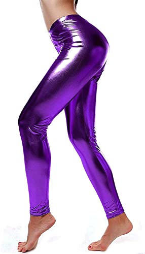 Vintage Damen Freizeithose Damen Glänzende Einfacher Stil Metallic Leggings Flüssige Taillen Stretchhose (Color : PURPLE, Einheitsgröße : L) von Generic
