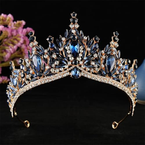 Vintage Goldfarbe Wassertropfen Kristall Tiara Frauen Hochzeit Geburtstag Party Krone Haarschmuck Gold Dunkelblau von Generic