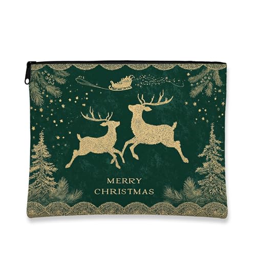 Vintage-Make-up-Tasche, Weihnachten, grünes Rentier, Reisetasche für Frauen, tragbar, klein, mit Reißverschluss, Kulturbeutel für Festivals, grün, 7x9 Inch, Weihnachten von Generic