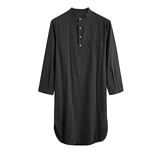 Vintage-Nachthemd, Vintage-Langhemd, vielseitiges Langarm-Pyjama-Hemd für Herren, einfarbiges Nachthemd mit Knopfdesign für den täglichen Gebrauch Schwarz 2XL von Generic