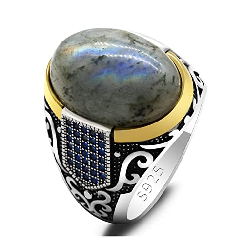 Vintage-Ring, authentischer türkischer Silberring mit blauem Zirkon und Labradorit, bunter Punkrock-Schmuck für Herren von Generic