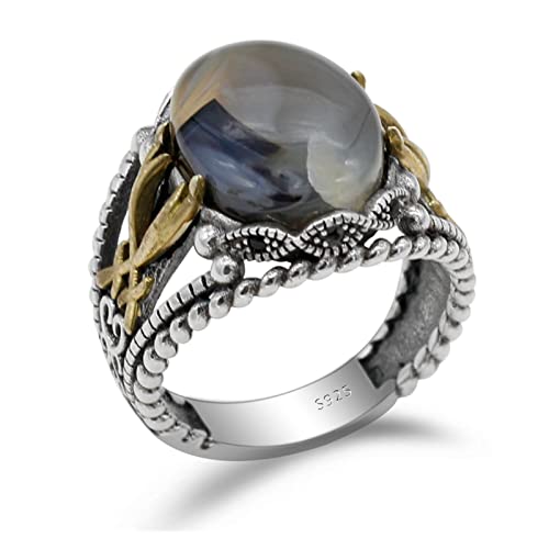 Vintage Ring 925 Silber Herrenring Ozean Naturstein und Rebe Herren Punk Ring von Generic