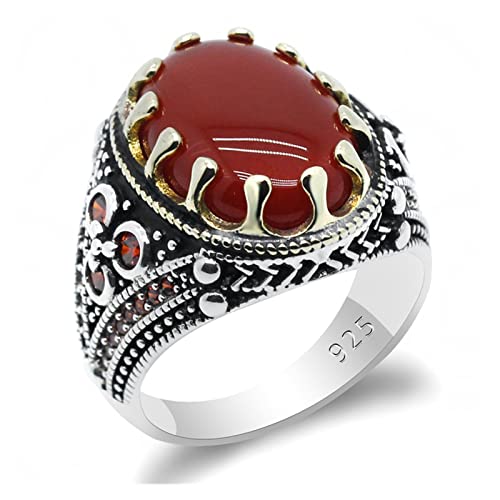 Vintage Ring 925 Silber Ring türkischer Schmuck Naturstein Ring transparent rot Herrenring von Generic