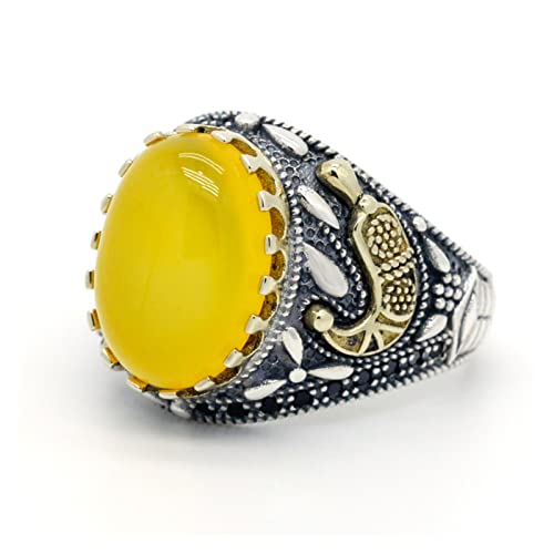 Vintage Ring 925 Silber Ring türkischer Schmuck gelber Achat Stein Ring transparent schwarz Herrenring von Generic