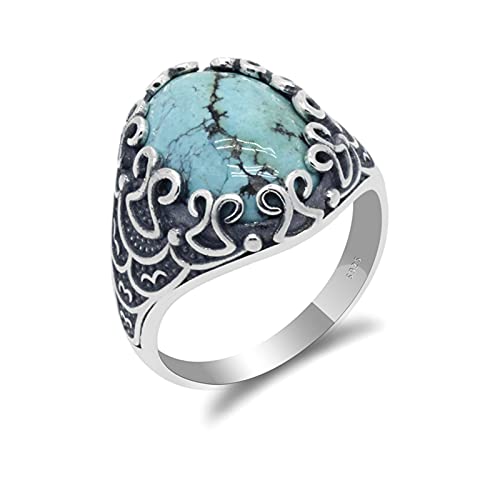 Vintage Ring Herren Ring 925 Silber Fassung Großer ovaler Naturstein Ring für Männer Frauen Türkische Handarbeit von Generic