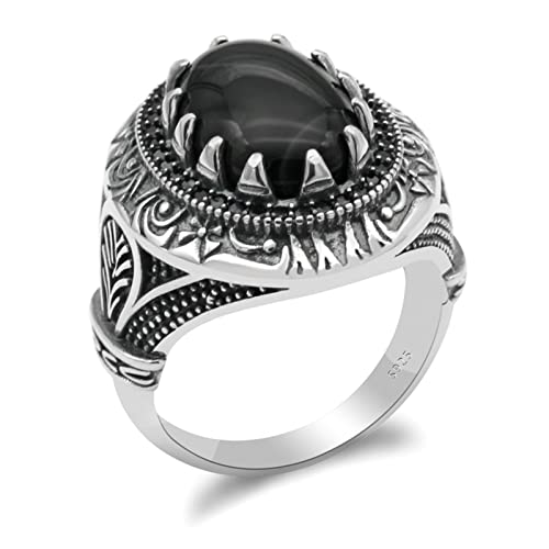 Vintage Ring Herrenring S925 Schmuckring Türkischer Silberring Eingelegter Naturstein Schwarzer Ring von Generic