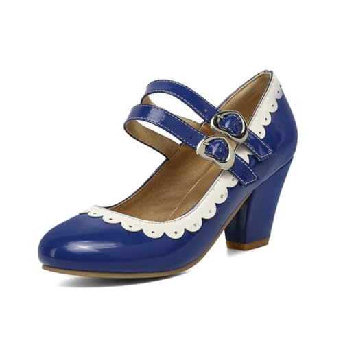 Vintage Round Toe Heels - 7Cm Chunky Block Heel Mary Janes Verstellbarer Knöchelriemen Retro Office Pumps,Blau,47 EU von Generic