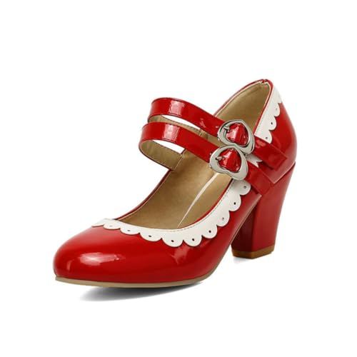 Vintage Round Toe Heels - 7Cm Chunky Block Heel Mary Janes Verstellbarer Knöchelriemen Retro Office Pumps,Rot,37 EU von Generic