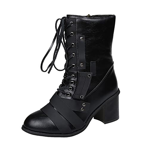 Vintage Schnürstiefel mit seitlichem Reißverschluss Chunky High Heel Short Boots Cowboyboots Damen Stiefel Kinder 31 Schuhe Stiefel (Black, 41) von Generic