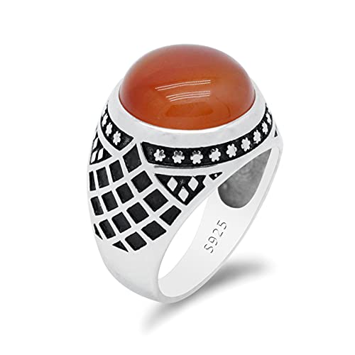 Vintage männlicher Ring mit rundem orangem Achat 925 Sterling Silber Naturstein Ringe Schmuck Männer Frauen Geschenk von Generic