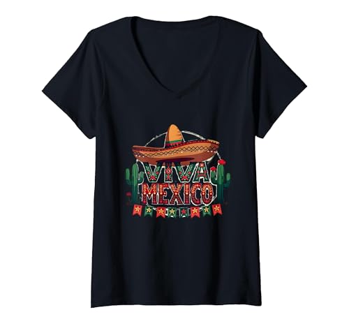 Viva Mexico Sombrero Kaktus Fiesta Mexikaner für Herren T-Shirt mit V-Ausschnitt, Damen, Schwarz, XL von Generic