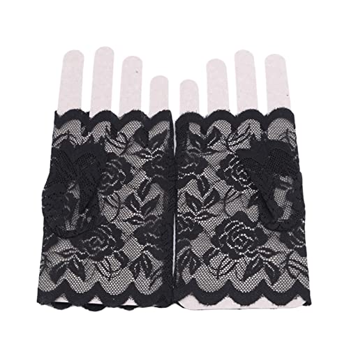 WINSX Halbfingerlose Spitzenhandschuhe mit Blumenmuster Polyester Halbfingerhandschuhe UV-Schutz Fingerlos Halbhand Kurz Sonnenschutz-Zubehör für Damen Mädchen Damen,Schwarz von Generic