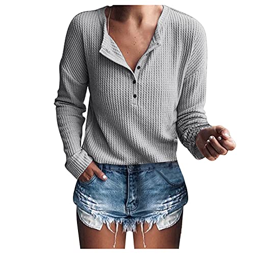 Waffelstrick Tshirt Damen Pullover Herbst Langarmshirt Casual V Ausschnitt Loose Oberteil mit Knopfleiste Winter Sport Basic Tops Henley Leicht Sweatshirt Elegante Waffe Langarmshirt von Generic
