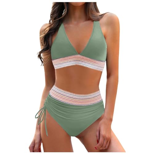 Warehouse Deal Damen Sport Bikini Set Push Up Badeanzug Zweiteiler V-Ausschnitt Shaping Bademode Hoher Taille Bauchweg Badeshorts Bunt Muster Badebekleidung Neckholder Swimsuit Kordelzug von Generic