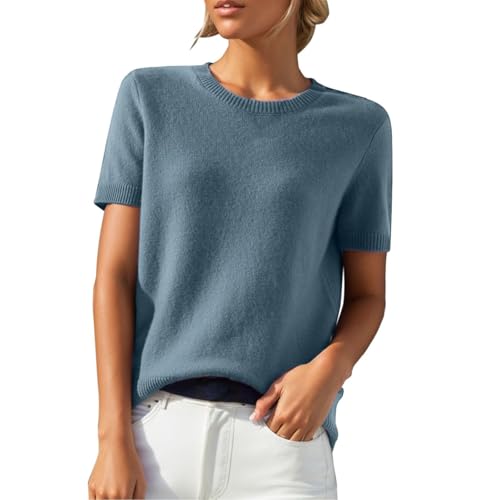 Warehouse Deal Kurzarm Strickpullover Damen Einfarbig Strick Bluse O-Ausschnitt Strickpulli Elegant Sommerbluse Frühjahr Sommer Kurzarmbluse Teenager Mädchen Gestricktes Pullover von Generic