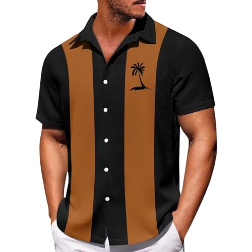 Warehouse Deals Angebote Leinenhemd Herren Compression Shirt Tshirt Herren Oversize Revers Palm Bedruckt Strandhemd Kurzarm Oversized Tshirt Knopfleiste Tshirt Männer (Braun, L) von Generic