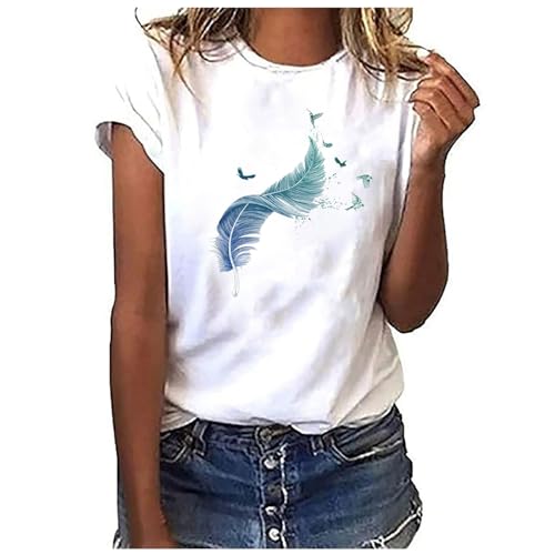 Warehouse Deals Angebote Tshirt Damen Weiss Sommer T-Shirt Damen Basic T Shirt Bedrucken Rundhalsausschnitt Weiß Oberteile Baumwolle Casual Damen Locker Kurzarm Bluse Tops Sportshirt von Generic